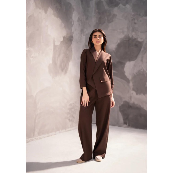 Brown Asymmetrical Blazer Set With Wide Leg Pants